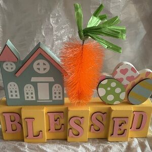 Easter 'Blessed' Wooden Block & Carrot Table Decor - Pastel Spring Accent
